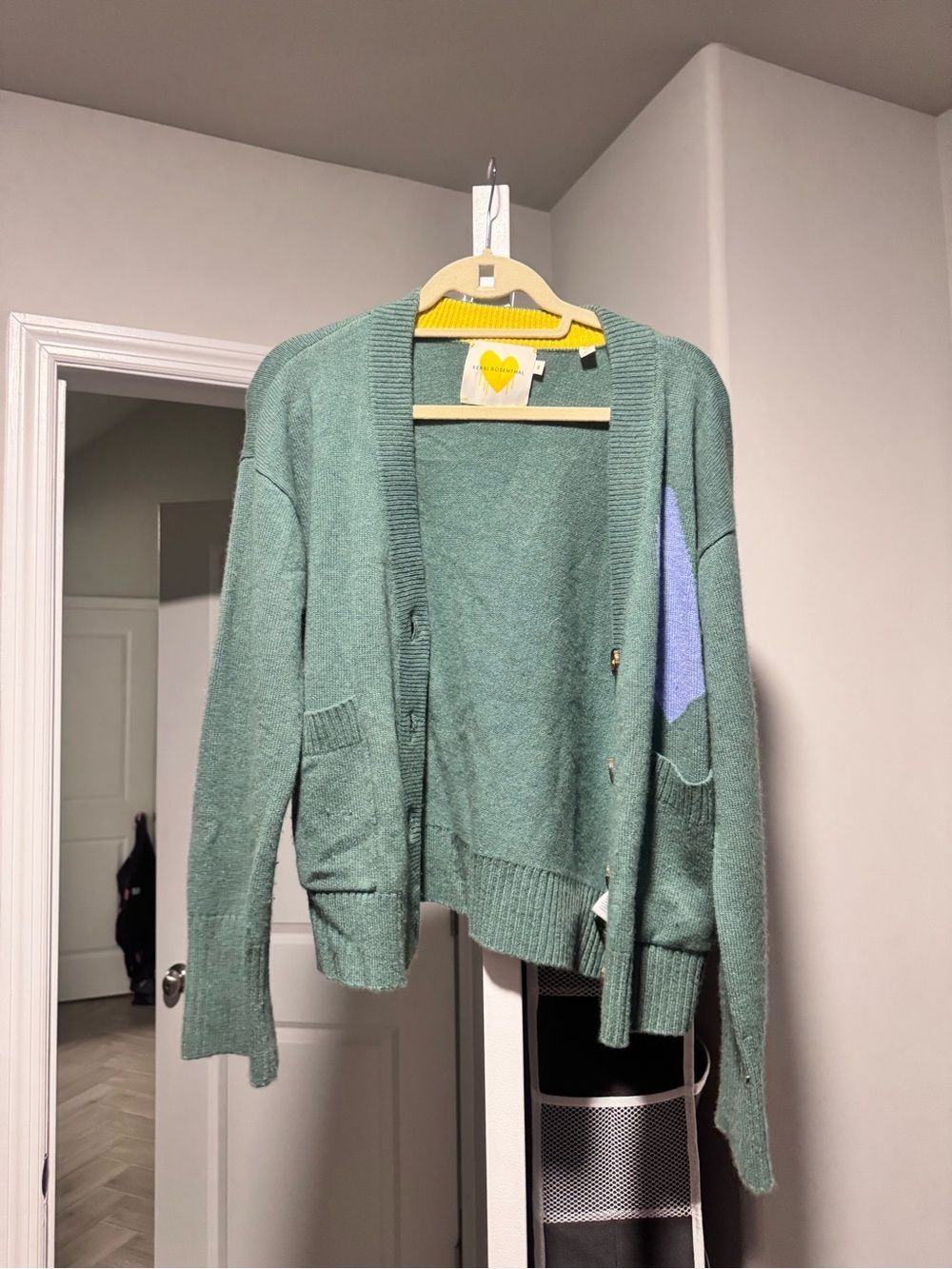 Open-Front Sage Green Knit Cardigan with Patch Pocket